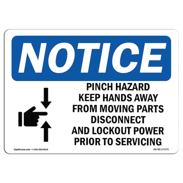 OSHA Sign, 18" H, 24" W, Rigid Plastic, Pinch Hazard Keep Hands Away Sign With Symbol, Landscape